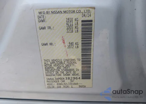 2014 Nissan Altima 2.5/2.5 S/2.5 Sl/2.5 Sv из США, поврежденный, VIN 1N4AL3AP6EN382964